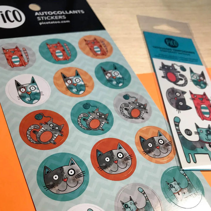 PiCO Tatoo, autocollants ronds, Bibi le chat gris.
