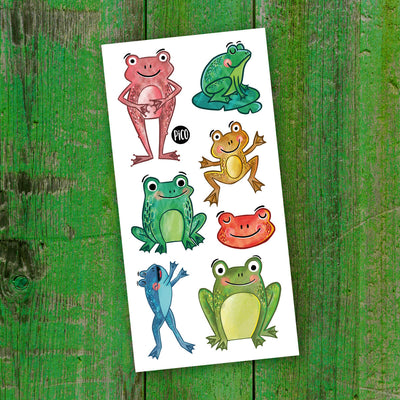 Tatouages temporaires de belles grenouilles colorées par PiCO Tatouages temporaires. Dessins créés au Québec.