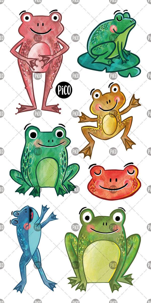 Tatouages temporaires de belles grenouilles colorées par PiCO Tatouages temporaires. Dessins créés au Québec.