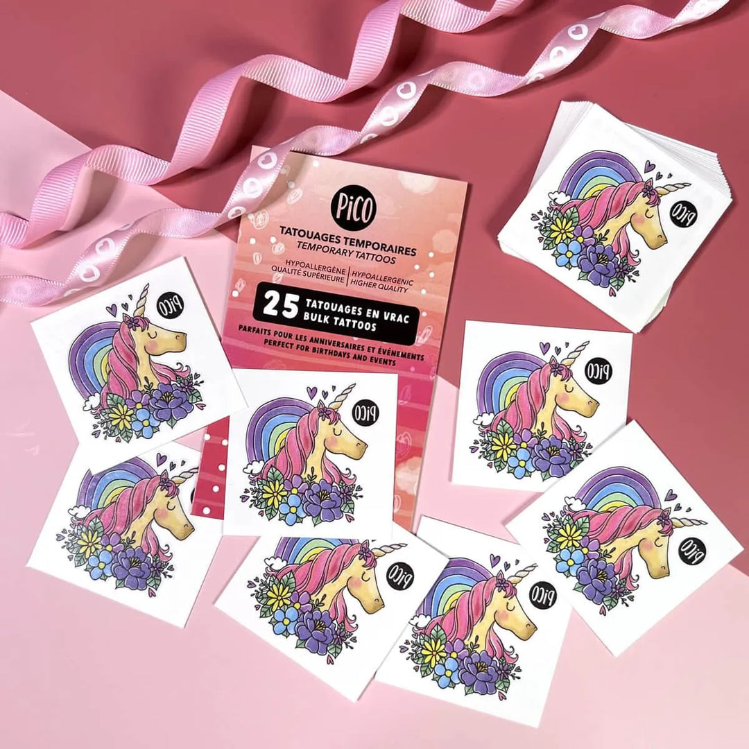 faux tatouages pour enfant avec des licornes idéal pour les fête d'anniversaire. lotd e 25 feuille identiques, produit du québec fait par pico