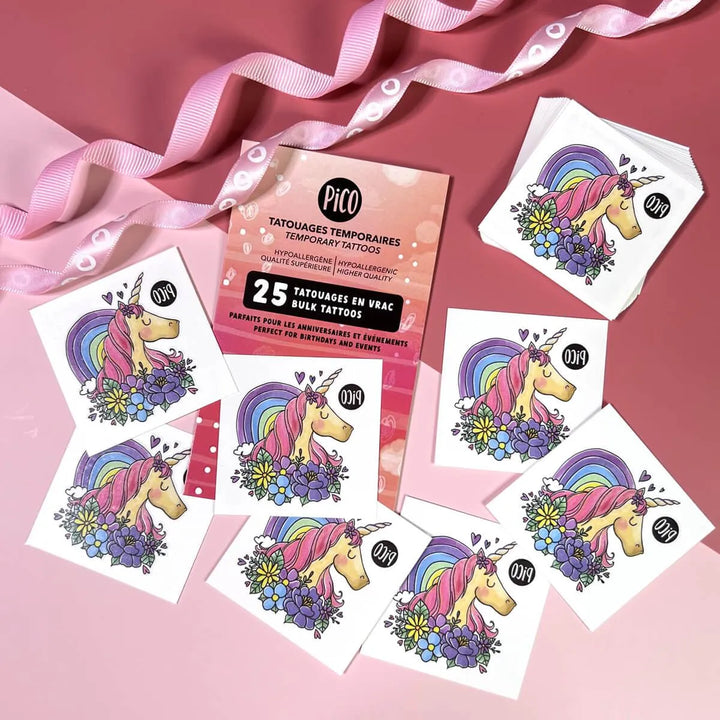 faux tatouages pour enfant avec des licornes idéal pour les fête d'anniversaire. lotd e 25 feuille identiques, produit du québec fait par pico