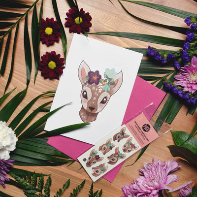 Carte de souhaits de faons et cerf fleuri PiCO Tatoo, conçue et imprimée au Québec