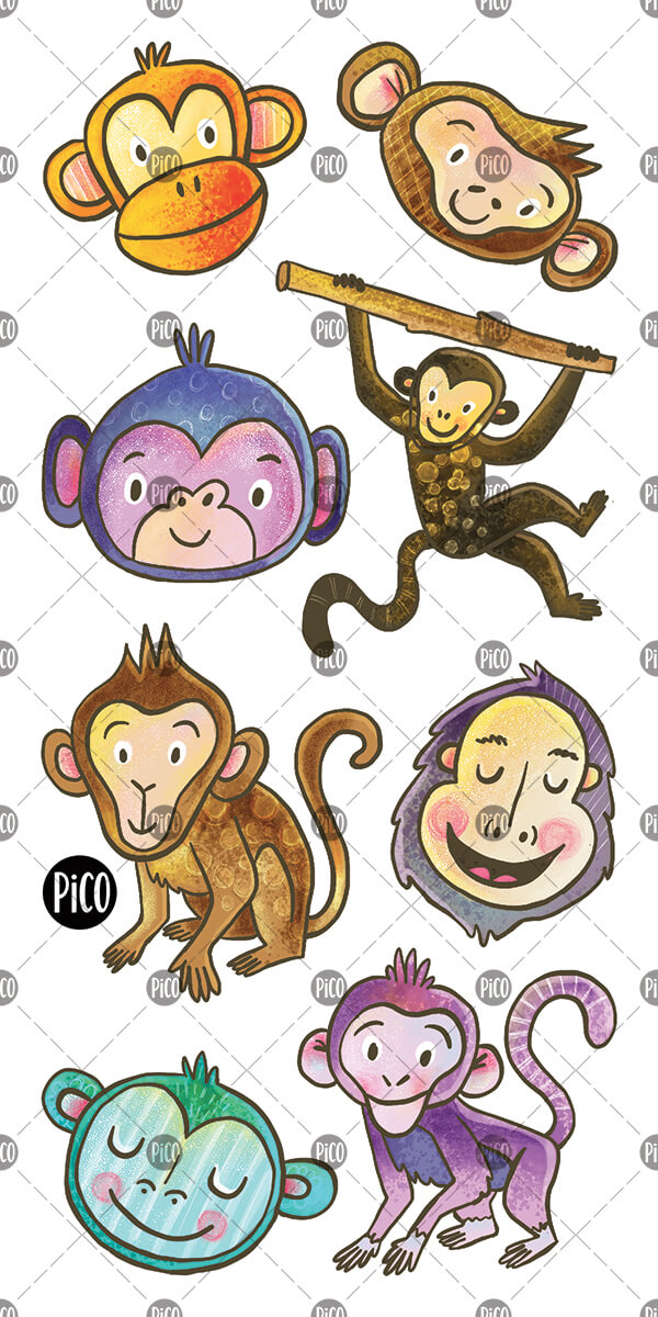 Les singes amusants en tatouages temporaires faits par PiCO Tatoo.