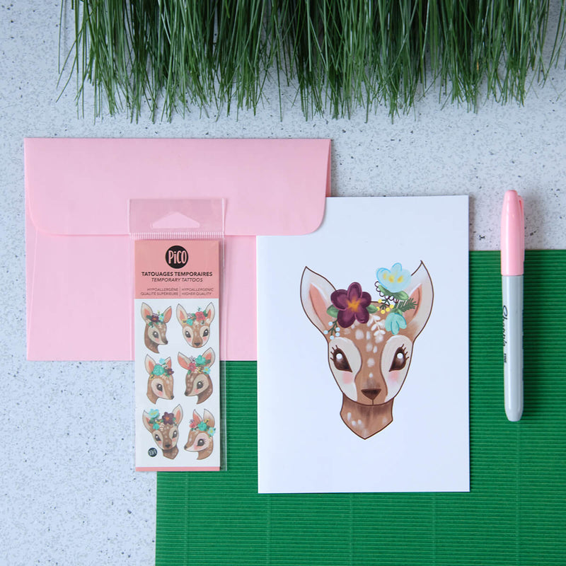 Carte de souhaits de faons et cerf fleuri PiCO Tatoo, conçue et imprimée au Québec